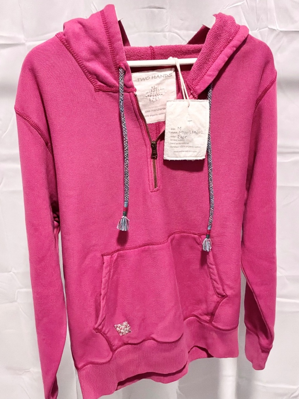 NWT Two Hands Waffle Knit Half Zip Hoodie Pink Fuchsia Boho Tassel Medium